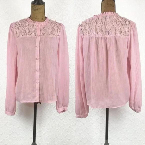 NWOT Lulus Lovely Delight Pink‎ Chiffon Rosette Ruffled Long Sleeve Top - Picture 5 of 7
